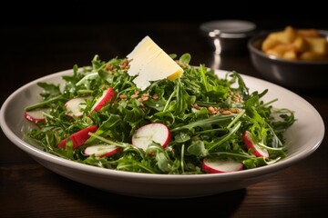Fresh and vibrant salad with microgreens - radish, broccoli, tomatoes, kale, arugula, healthy meals