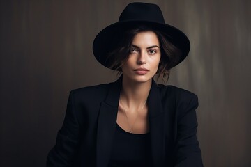 Portrait of a beautiful brunette woman in a black suit and hat