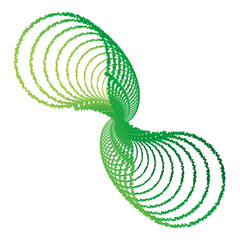 Ilustración digital de dos círculos unidos movidos hacia un costado formando un semi remolino con efecto de frecuencia y degradado en tonos verdes. 