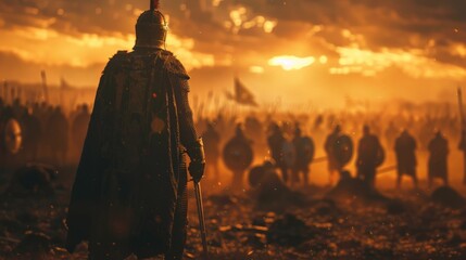 Depicting a somber battleground, a lone medieval knight stands in contemplation amidst a sunset and a legion of soldiers - obrazy, fototapety, plakaty