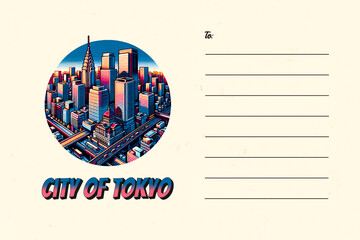 post card design with cityscape of tokyo japan illustration