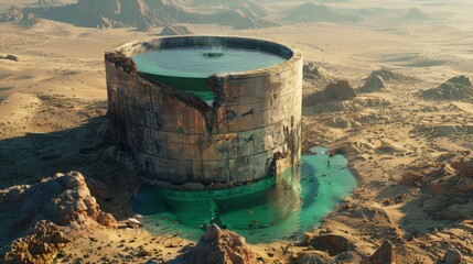 Fototapeta premium An aged, cylindrical structure stands as a lush oasis amidst a vast, barren desert landscape, evoking a sense of salvation