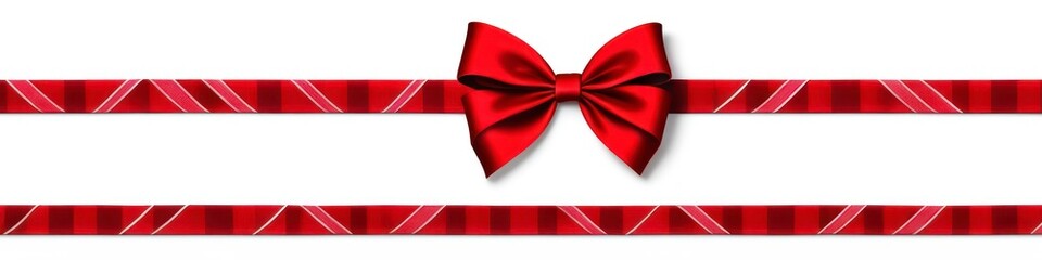 Red checkered satin ribbon and red bow to decorate gifts, isolated on white background
