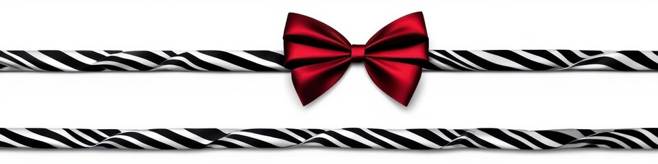 Black and white satin ribbon and red bow for decorating gifts, isolated on white background
