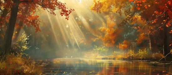 Foto op Plexiglas A painting showcasing a river winding its way through a dense forest, with tall trees surrounding the tranquil water under the sunlight of a sunny autumn day. © 2rogan
