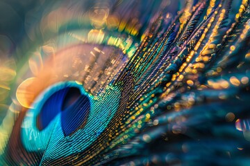 A detailed view of the vibrant and intricate feathers of a peacocks tail, showcasing the rich hues of blue, green, and bronze. Generative AI - obrazy, fototapety, plakaty