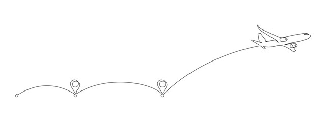 Airplane path and point in One Continuous line drawing. Business Concept of world travel and international flight airline with road in simple linear style. Editable stroke. Doodle Vector illustration © Olga Rai