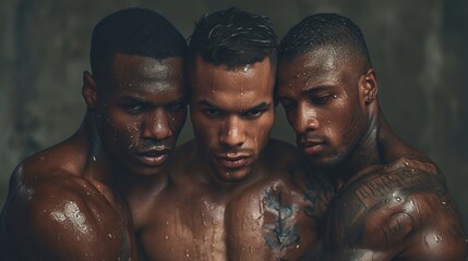 Fototapeta na wymiar Three handsome guys of athletic build hugging, strong male love and friendship