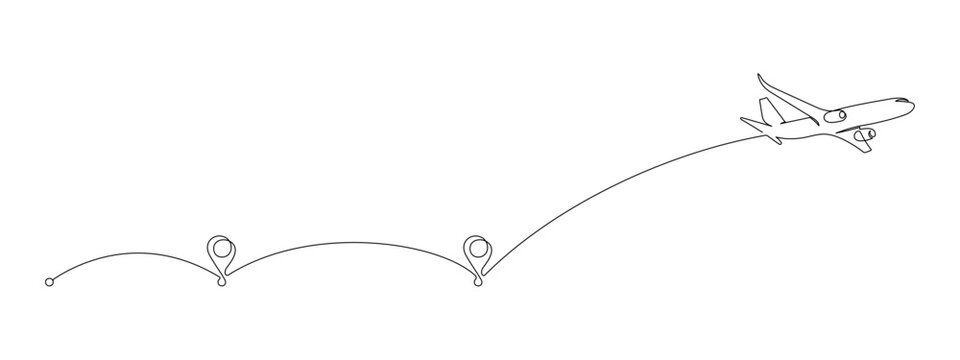 Airplane path and point in One Continuous line drawing. Business Concept of world travel and international flight airline with road in simple linear style. Editable stroke. Doodle Vector illustration