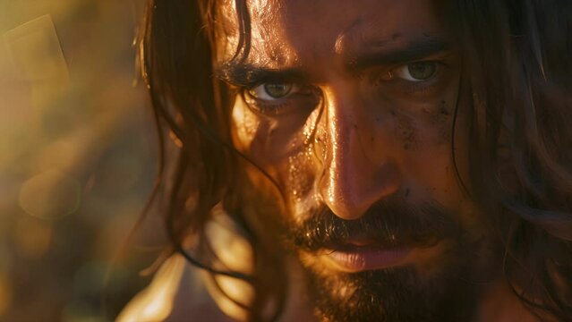 Close up of Jesus Christ's face with dramatic lighting
