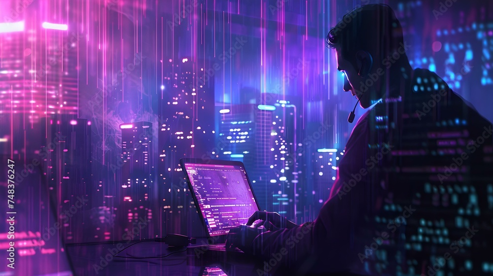 Poster silhouette of a hacker working on laptop against a cyberpunk cityscape backdrop. conceptual tech ima