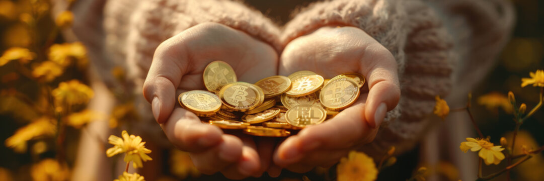 A stylized image of female hands holding gold coins with the Bitcoin logo