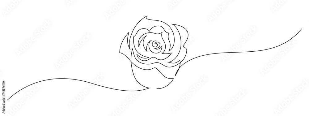 Wall mural One continuous line drawing of Rose flower. Peony blossom with petals for floral tattoo in simple linear style. Plant pattern for wedding decoration in Editable stroke. Doodle vector illustration - Wall murals