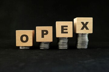 Increase in opex or operational expenses concept. Wooden blocks with increasing stack of coins in black background.