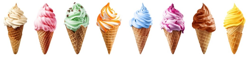 Row of delicious and colorful ice creams in waffle cones. Isolated ice cream swirls of various flavors on transparent background. Generative AI.