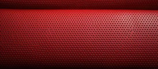 Deurstickers A detailed close up view of a red perforated stitched leather fabric, showcasing the intricate texture and vibrant color of a leather car seat. © Vusal