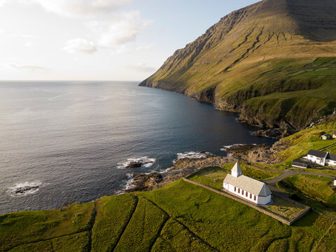 Church and the beautiful scenery of the Faroe islands at Elduvik