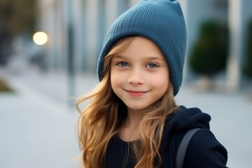 Portrait of a cute little girl in a blue hat on the street