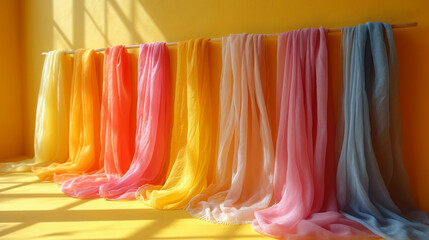 Array of Colorful Sheer Scarves Hanging on Yellow Wall