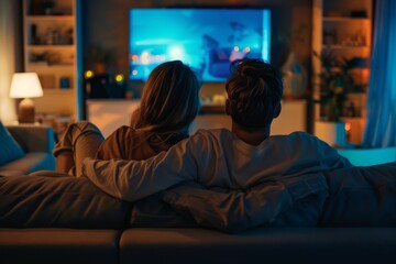 Couple watching TV at home in the evening