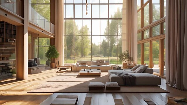 Spacious airy living room resembling an Agora with high ceilings and large windows that let in natural light.