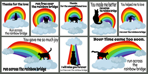 Set of cards about the loss of a pet on the theme of running on the rainbow, various cards about the loss of a cat
