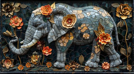 Fototapeta premium Stained glass art showing images of Thai elephants, combined with luxury and beauty, decorated with gold and flowers.