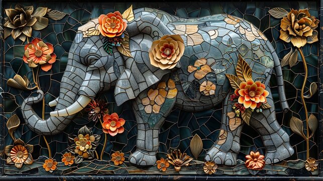 Stained glass art showing images of Thai elephants, combined with luxury and beauty, decorated with gold and flowers.