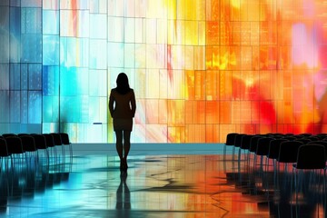 Woman standing in front of colorful light panel in conference hall