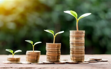 Stacking of coins with plants growing on top for financial and business background. Savings and Accounts, Investments, Funds, Bonds, Dividends, and Interest, Finance Banking Business Ideas, photo


