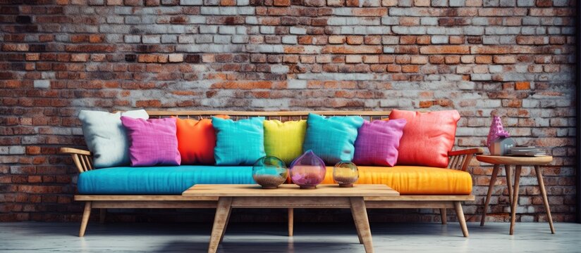 Fototapeta A wooden table, chairs, and a couch with colorful pillows are arranged neatly in front of a textured grey brick wall. The pillows add a pop of color against the neutral backdrop,