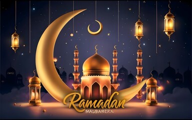 Happy Ramadan set of greeting cards, posters, entertainment covers. Ramadan design with beautiful moon lanterns, modern style, dark background, Ramadhan kareem background design. Generative Ai