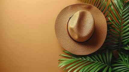 Fototapeta na wymiar Elegant Straw Hat with Ribbon Beside Tropical Palm Leaves