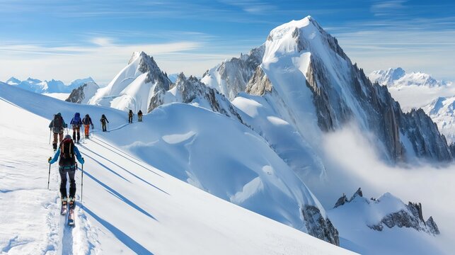 Group of Hikers Ascending Snow Covered Mountain
