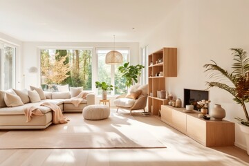modern living room with sofa, minimalistic style, boho style	