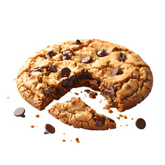 A 3D animated cartoon render of a giant chocolate chip cookie with a bite missing.