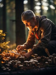man collecting mushrooms in the forest - obrazy, fototapety, plakaty