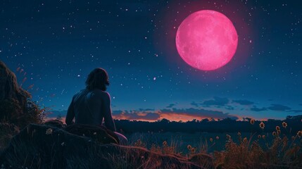Fototapeta na wymiar caveman observing a pink star in the night sky at night in high resolution
