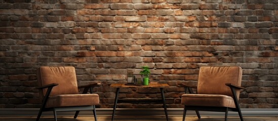 Two chairs are placed side by side in front of a textured brick wall. The chairs are empty, suggesting a potential meeting or social gathering.