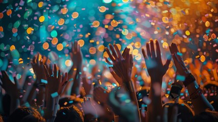 Jubilant Concert Crowd with Confetti. Exuberant audience celebrating at a live music event with...