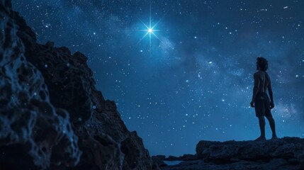 Fototapeta na wymiar caveman observing a star in the night sky
