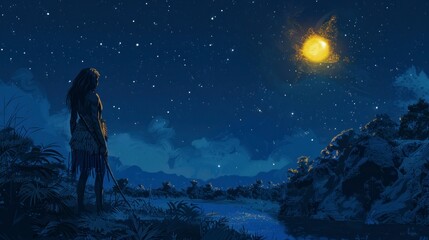 caveman observing a yellow star on a starry night in high resolution