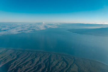 Lanai with Molokai island, Hawaii. Aerial photography of Honolulu to Kahului from the plane. 