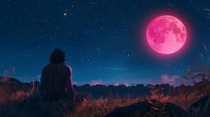 Fototapeta na wymiar caveman observing a pink star in the night sky at night