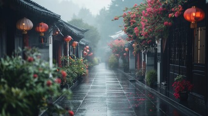 Rainy Day in an Asian Village With Lanterns and Flowers - obrazy, fototapety, plakaty