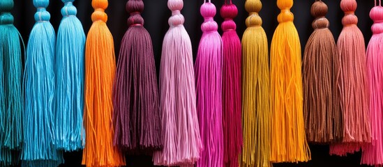 A collection of vibrant tassels hanging neatly on a wall, adding a pop of color and texture to the room decor. Each tassel sways gently in the breeze, creating a dynamic visual display. - obrazy, fototapety, plakaty