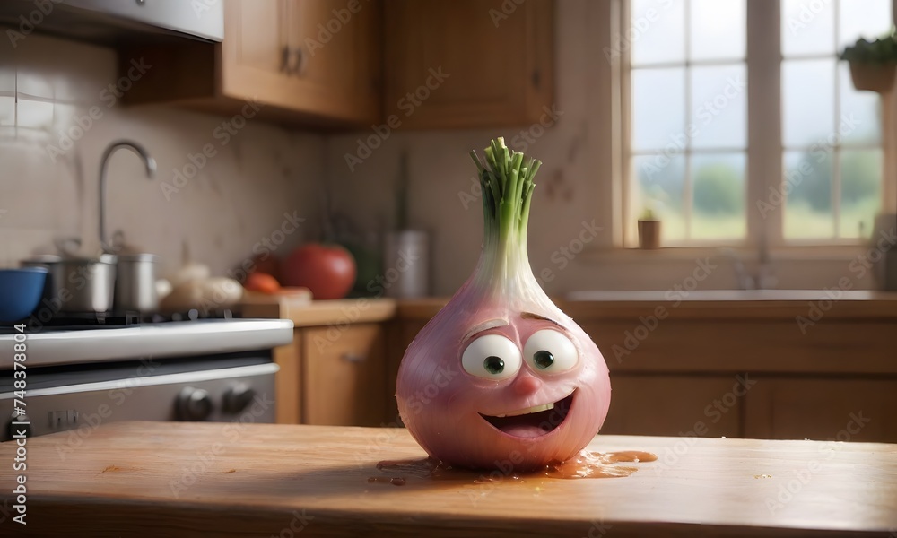 Poster a cheerful onion character with a big smile sits on a kitchen counter, bringing a playful twist to t