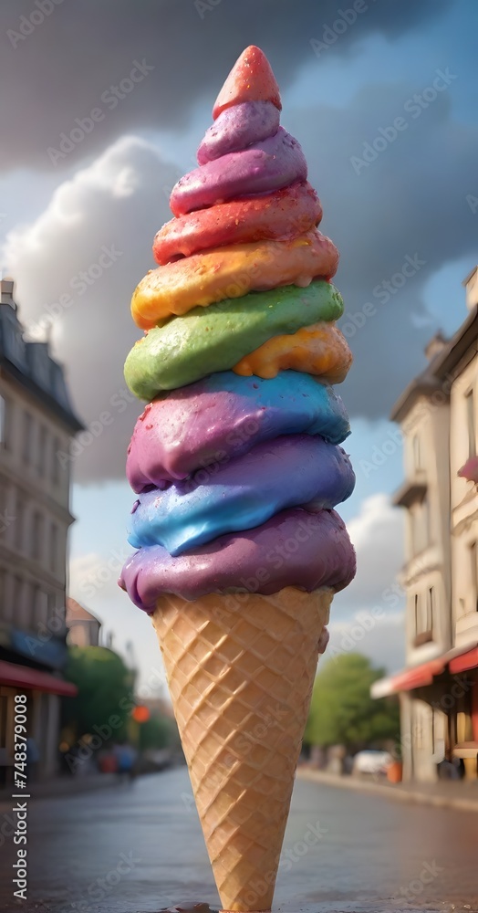 Poster a playful and whimsical ice cream cone with a smiling character face and colorful scoops. the cheerf