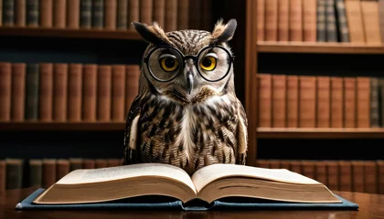 Poster A smart owl with glasses sits in front of an open book in the library. World book day. Knowledge, education, studying, learning  illustration, back to school concept. © Ksenya