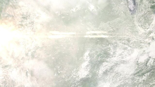 Earth zoom in from space and focus on Derby, Kansas, USA. 3D Animation. Satellite view. Background for travel intro. Images from NASA